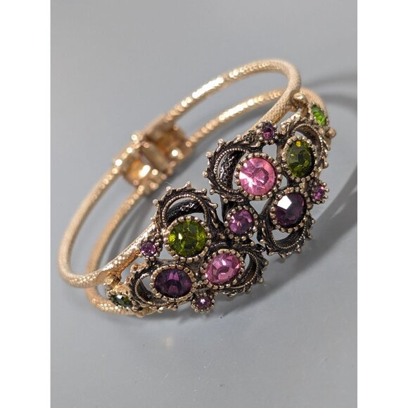 Vintage Sarah Coventry Austrian Lites Bracelet Purple Green Rhinestone Clamper 6 - Picture 3 of 10